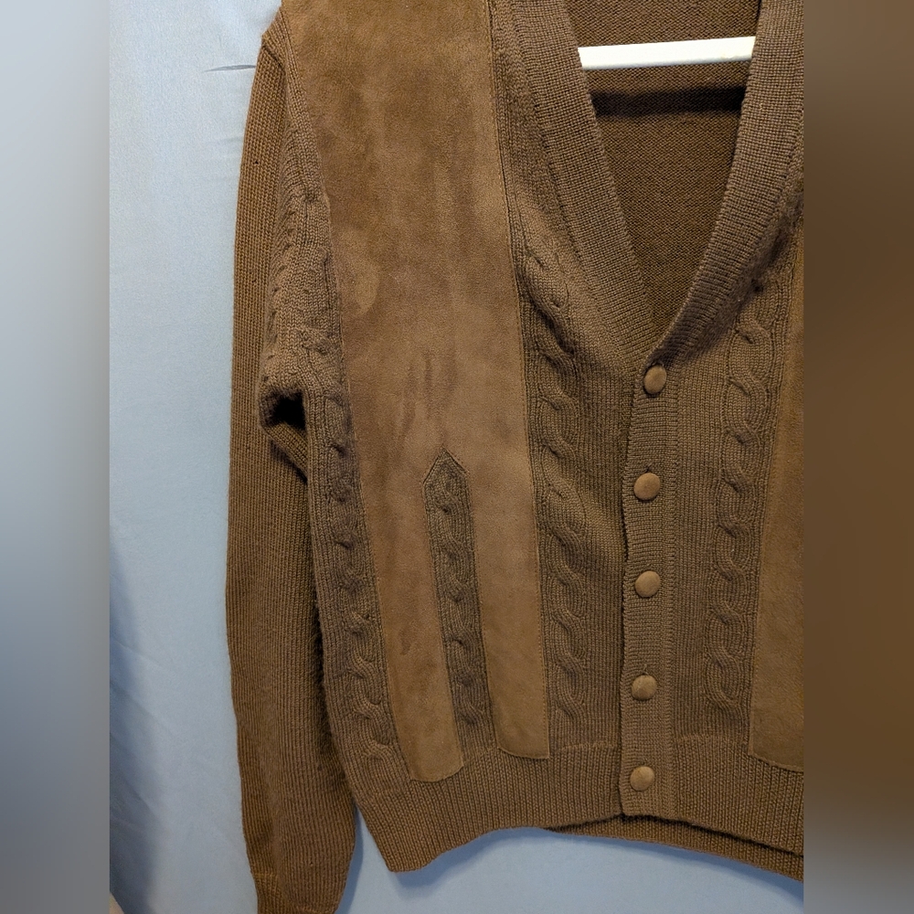 Vintage 60s Grandpa Style Cardigan W. Suede Trim. Chocolate Brown. Medium+ - Picture 3 of 8